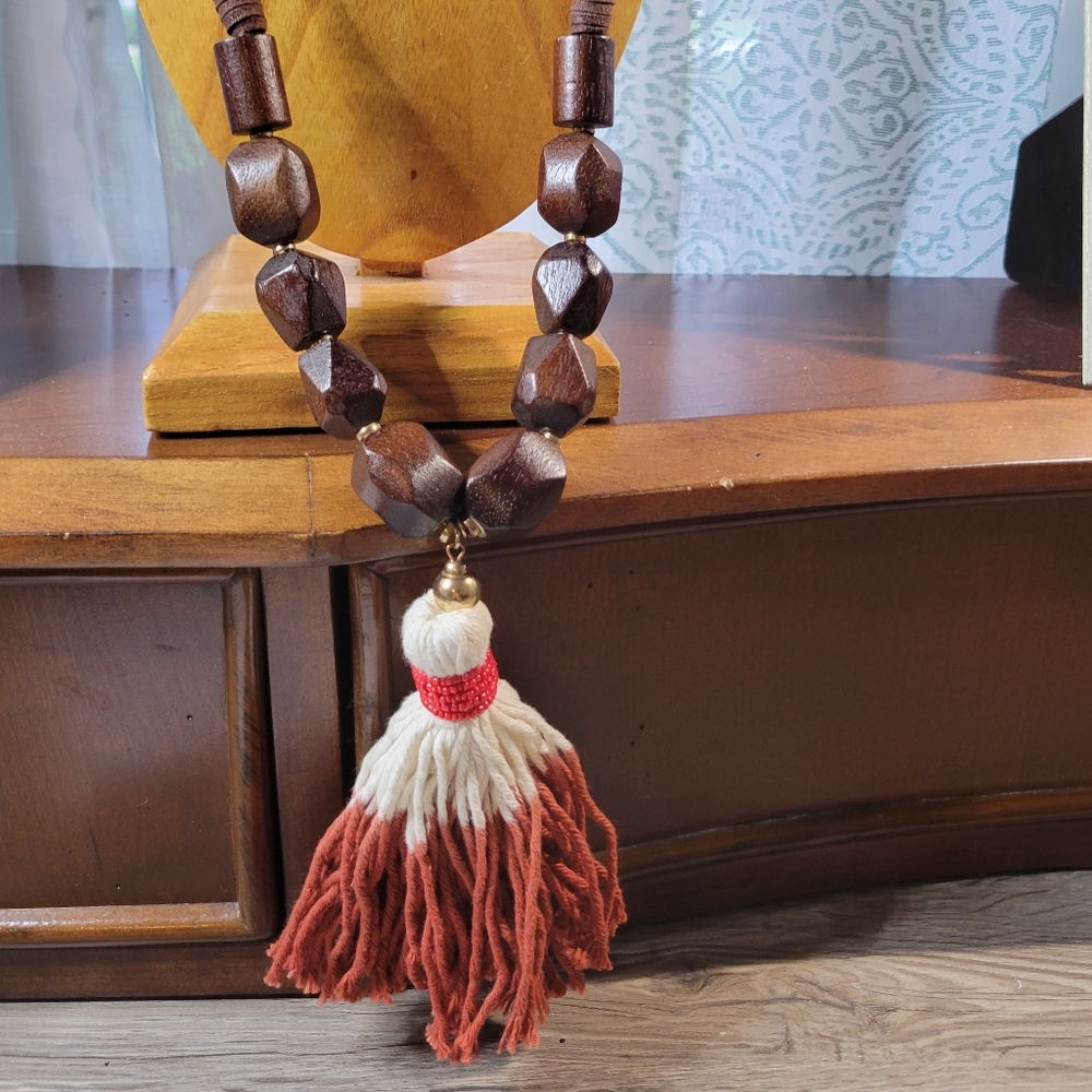 C1946 Boho Wood Beaded Necklace with Large Tassel Accent and Suede Neck Strap